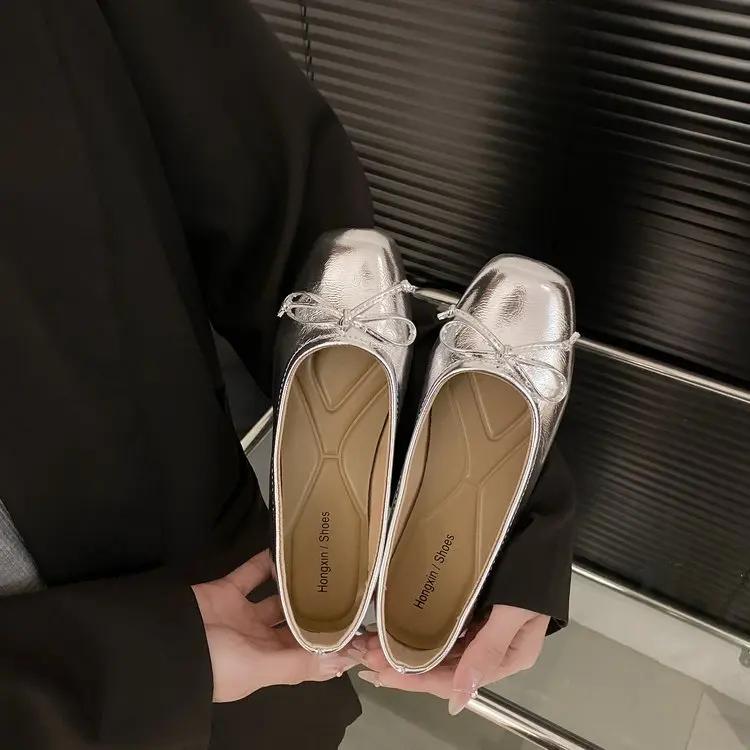 Fashion Women Bow Square Toe Soft Sole Single Shoes Comfort Slip On Soft Sole Flats Shoes Ladies Silver Round Toe Ballet Dress Loafers