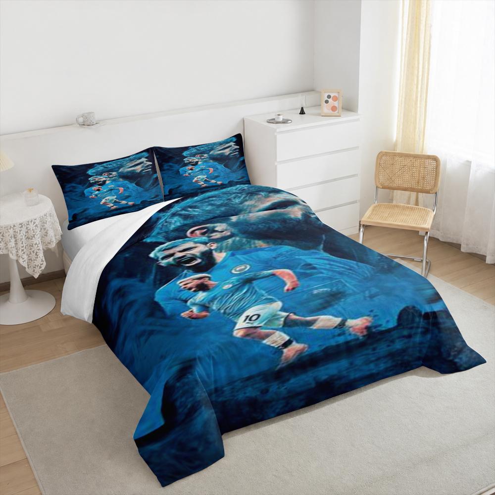 3 Piece Bedding Set with Duvet Cover and 2 Pillowcases - Sergio Aguero Manchester City 10 Blue Splash Print - Soccer Decor