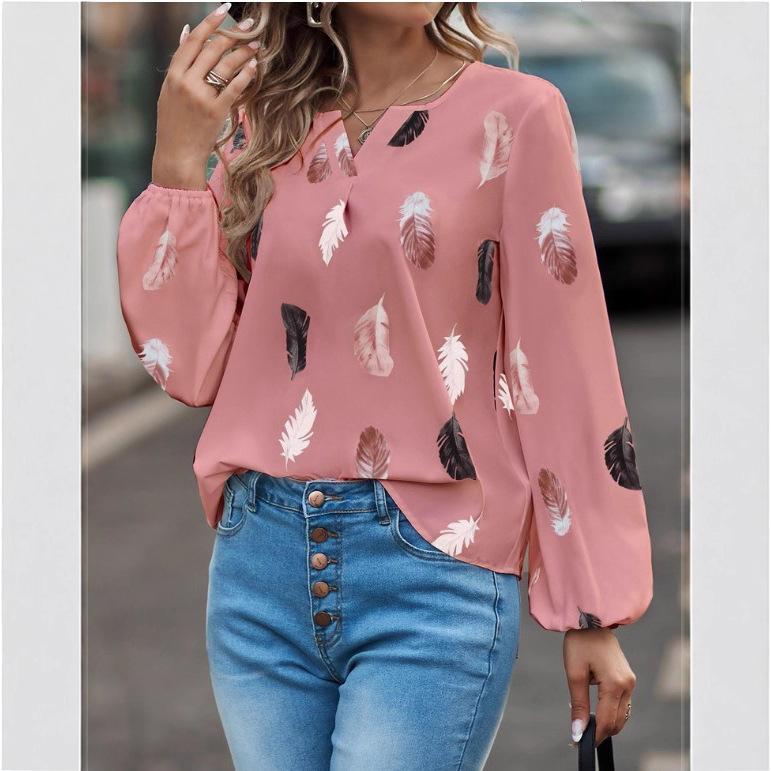 Mode Damen Temperament Elegant V-Ausschnitt Bluse Langarm Feder Malerei Gedruckt Locker Elegant Chiffon Glockenärmel T-Shirt