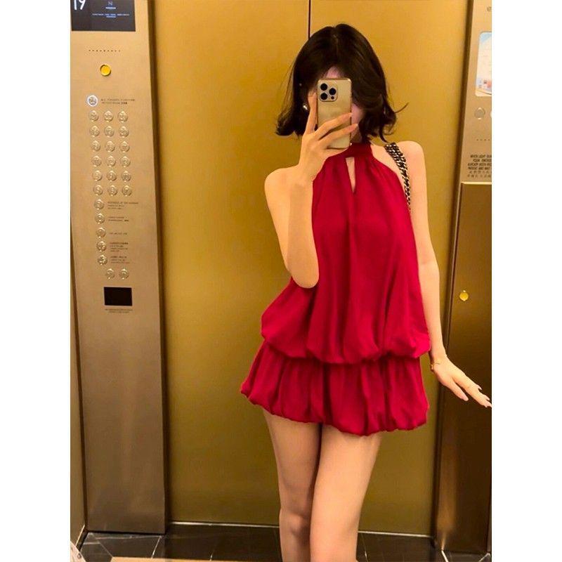 

Women s French Red Off-Shoulder Halter Dress - Summer Beach Style Waist-Cinched Mini Skirt S for 65-80 lbs