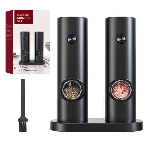 happykau Electric Pepper Mill, 2-Piece Set, Adjustable Coarseness, One-Hand Operation, Battery-Operated, Lightweight, for Salt, Rock Salt, Pepper, and