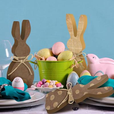 3 Pièces de Lapin de Pâques en Bois Plateau à Couches Décoration de Bureau Ornement en Bois Artisanat Cadeau de Fête