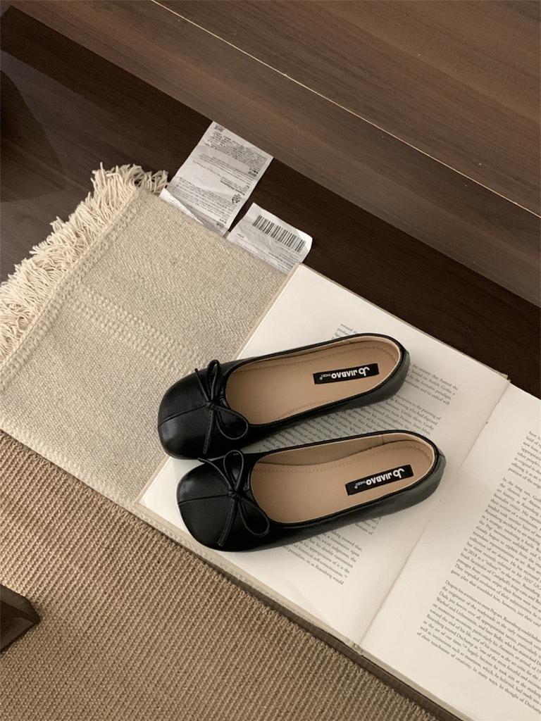 Retro soft-soled ladyshoes bow shallow mouth square head flat-soled single shoes women's shoes 2025 spring new ballet shoes
