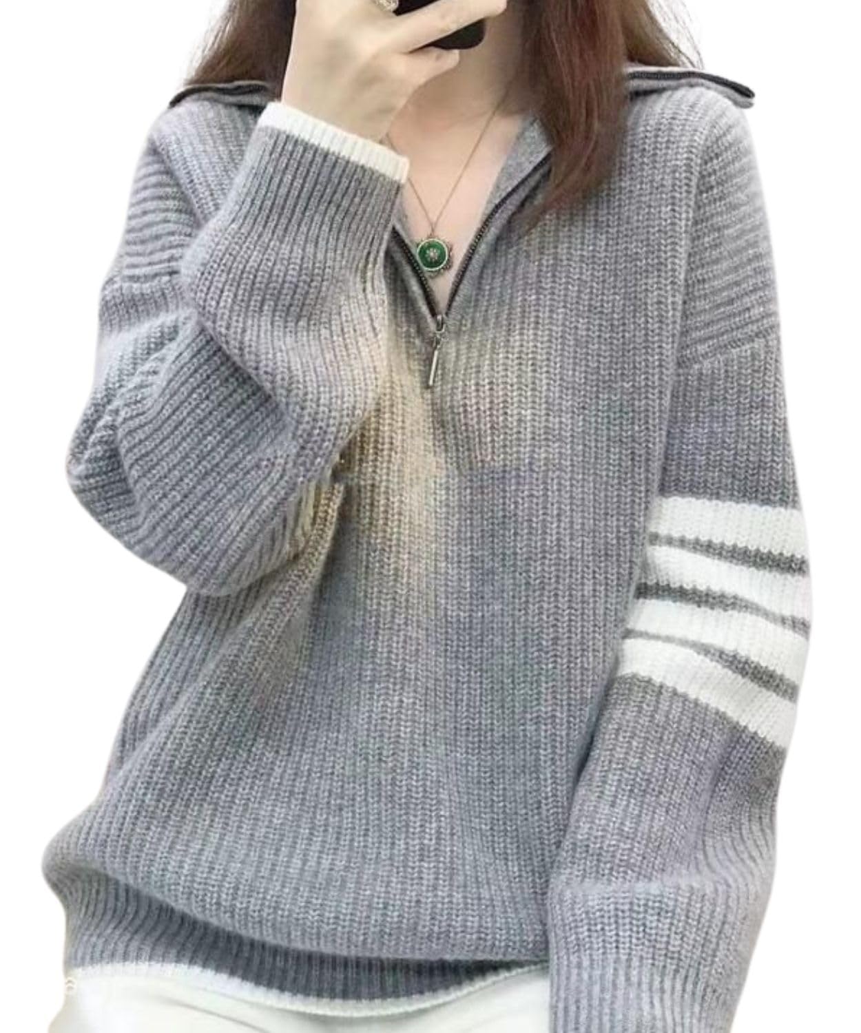 

Милый x Свободный крой Высокий воротник Длинный рукав Вязаный свитер с приспущенными плечами Идеально для повседневной носки [pangenee] Плечи на молнии, Гольф, Верхняя одежда на молнии, Пуловер, серый