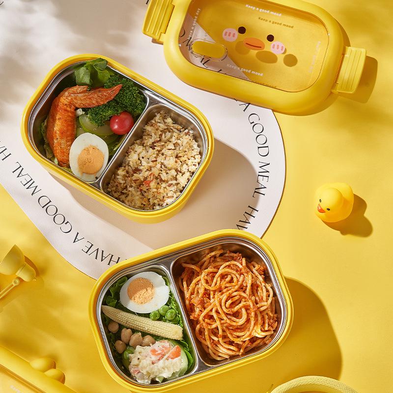 Children's Cartoon Duck Insulated Stainless Steel Bento Lunch Box with Compartments for Students and Office Workers
