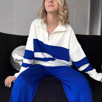 Damen Loungewear Sets 2-teilige Outfits Reißverschluss POLO V-Ausschnitt Strickpullover Tops Weitbein Hosen Sets Trainingsanzug Grobstrick Herbst Winter Sweatanzug für Damen