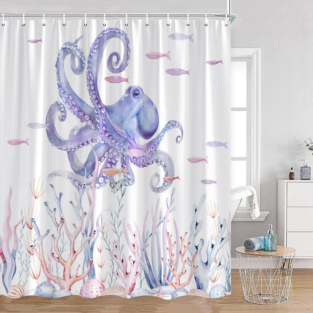 Cartoon Ocean Animals Watercolor Shower Curtains Octopus Turtle Jellyfish Whale Sea Bathroom Decorations Polyester Bath Curtains