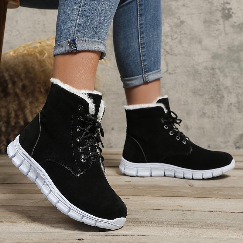 Black Faux Suede Lace Up Snow Boots Women Anti Slip Warm Short Plush Ankle Boots Woman Plus Size 43 Thick Sole Winter Shoes