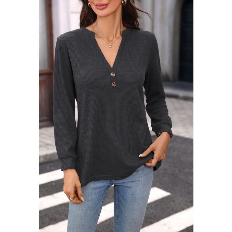 Damen Unifarben V-Ausschnitt Knopf Waffelstrick Langarm Locker T-Shirt