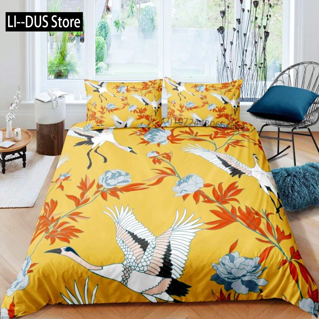 Comforter Crane Queen Size Japanese-Style Bedding Set Cherry Blossoms Pattern Women Girls Japanese Traditional