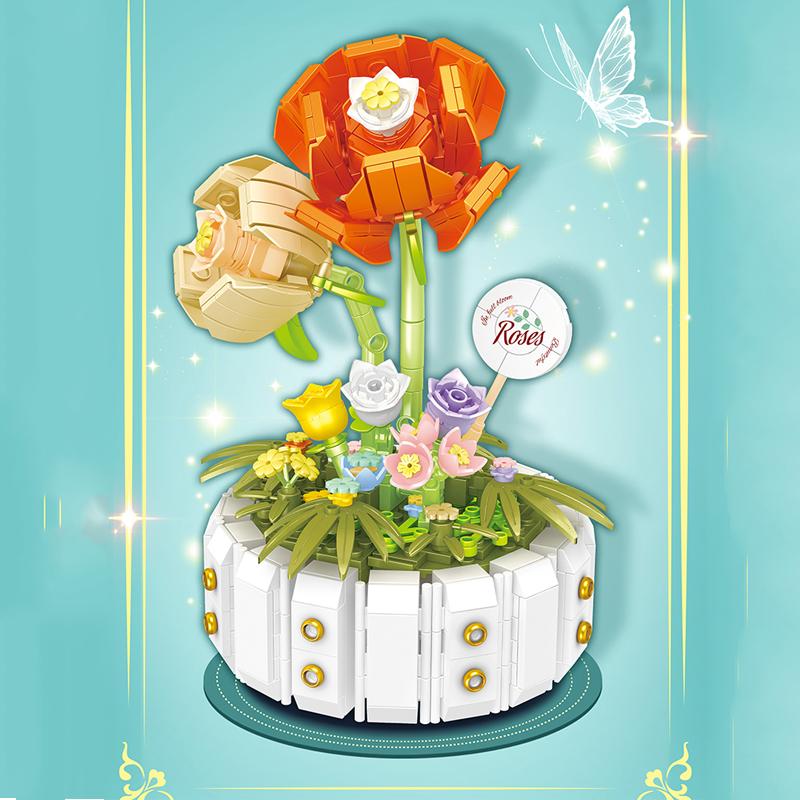 536PCS Rose Potted Building Blocks Eternal Flower Bouquet Creative Assembly Bricks Kids Toys Holiday Gifts