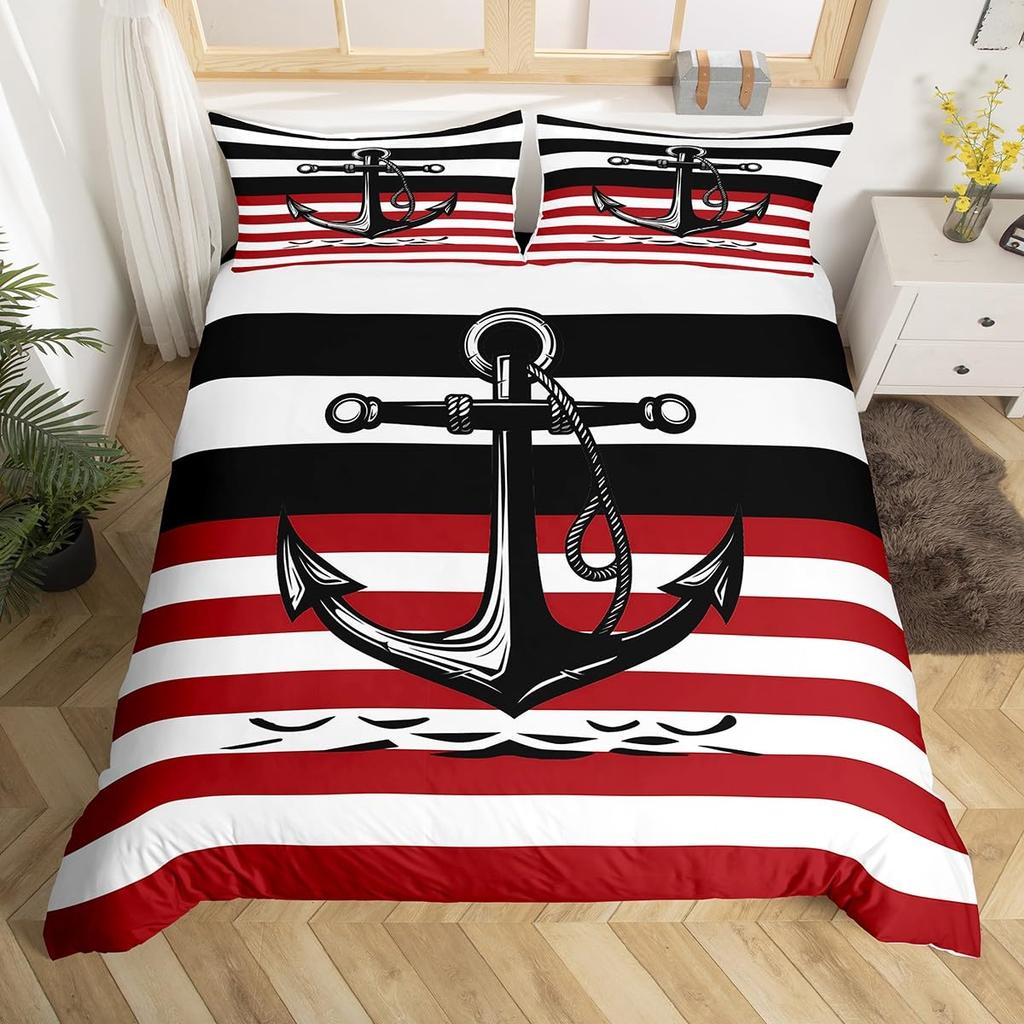 Vintage Anchor Duvet Cover Twin King, Nautical Theme Bedding Set Sailing Boat Sea Turtle Bed Cover, Compass Starfish Quilt Cover