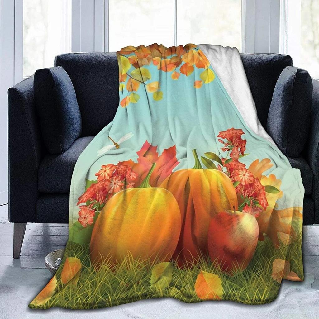 Fall Pumpkin Autumn Leaves Soft Throw Blanket Lightweight Flannel Fleece Blanket for Couch Bed Sofa
