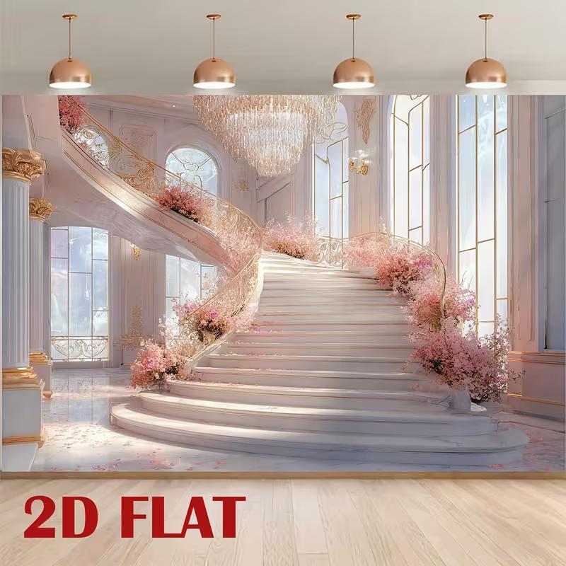 2D Fairytale Pink Staircase Backdrop 2D Flat Print Grand Palace Hall Background for Wedding Events 47.2x31.5inch/120*80cm