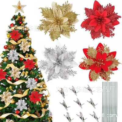Christmas Flower Christmas Decorations Wreath Christmas Tree Gold Glitter Plastic Flower Ribbon Clip Wire