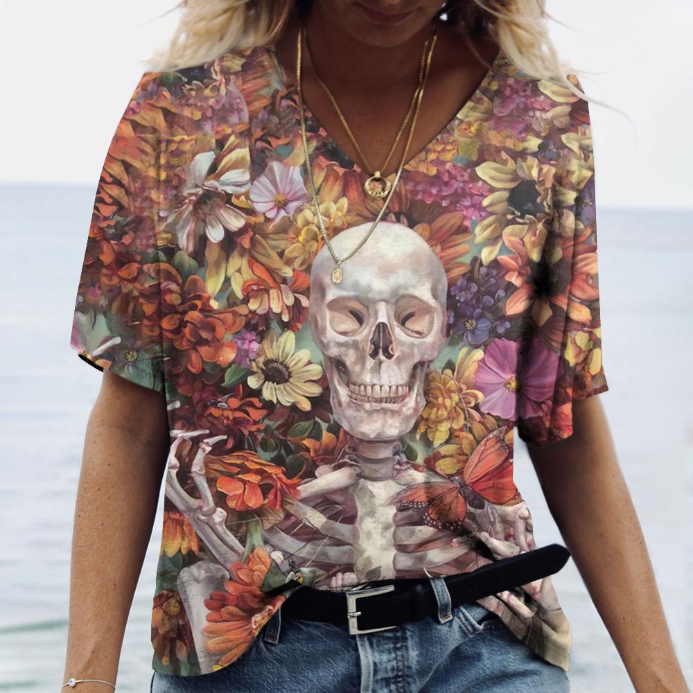 Summer V-neck 3D Skull Rose Print Top Fashionable Casual Short Sleeved Women's T-shirts