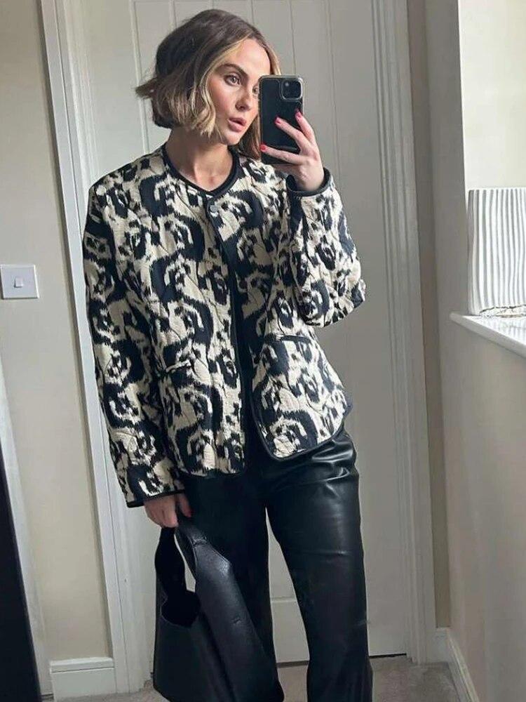 Vytlačiť Jesenná prešívaná bunda Pre ženy Neformálne Dlhý rukáv Bavlnené Kabáty Dámska móda Single Breasted High Street Streetwear 2023