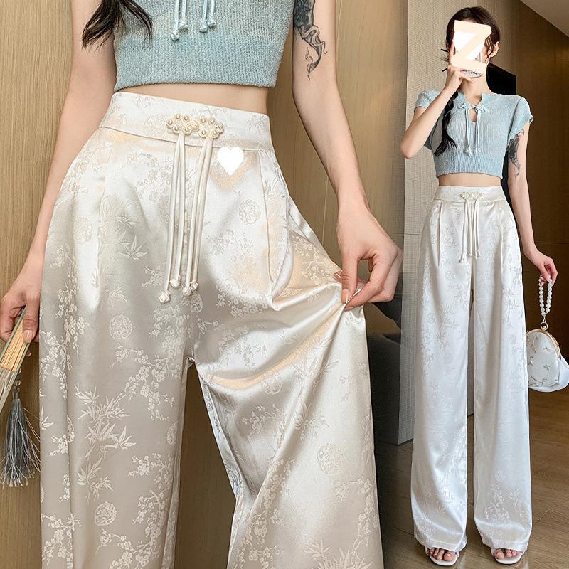 Chinese-style Faux Satin Jacquard Wide-leg Pants for Women, 2026 New Design, Niche High-waisted Slimming Casual Floor-length Trousers