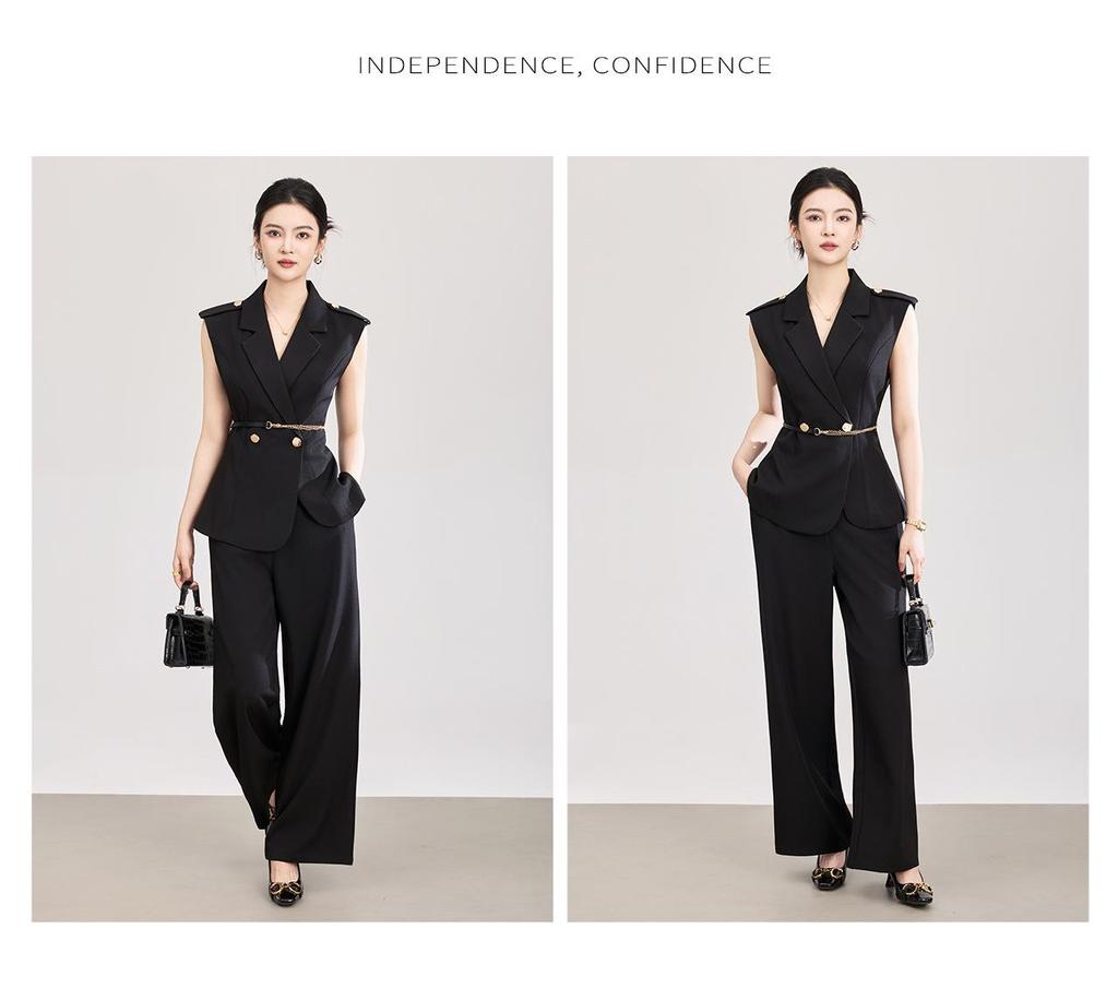 Women's Spring/Summer Age-Defying Suit Set: Waist-Cinched Vest & Draped Wide-Leg Pants.