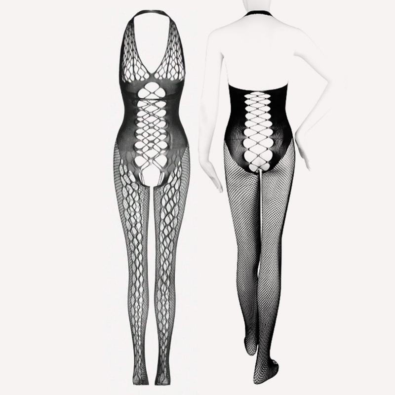 Fishnet Hollow Crotchless Lingerie Women See Through Bra Set Sexy Halter Neck Bodystockings Erotic Open Full Body Underwear Sets