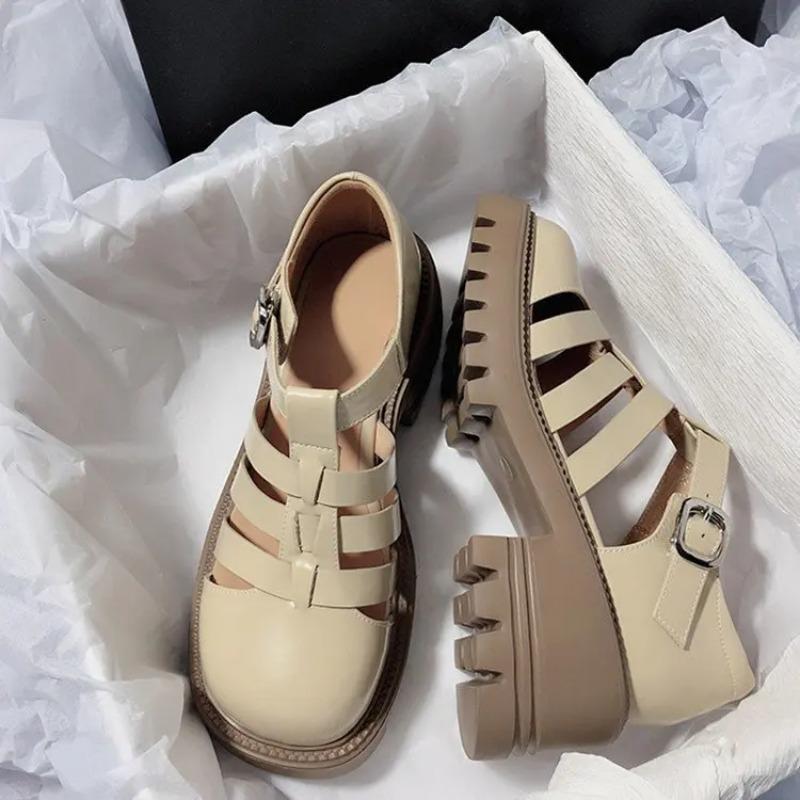 Hot Selling 2025 New Baotou Sandals Women's Platform Roman Sandals Retro High Heels with A Line Button Hollowed Women's Shoes
