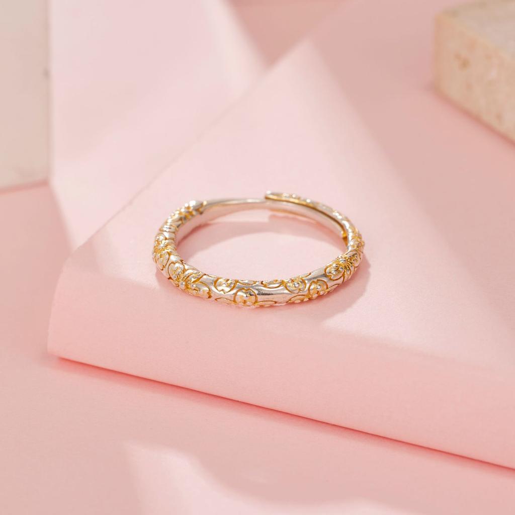 S925 Silver-painted Gold Cherry Blossom Plain Ring Women's Retro Color Separation Chinese Flower Ring Ethnic Style Open Ring Jewelry