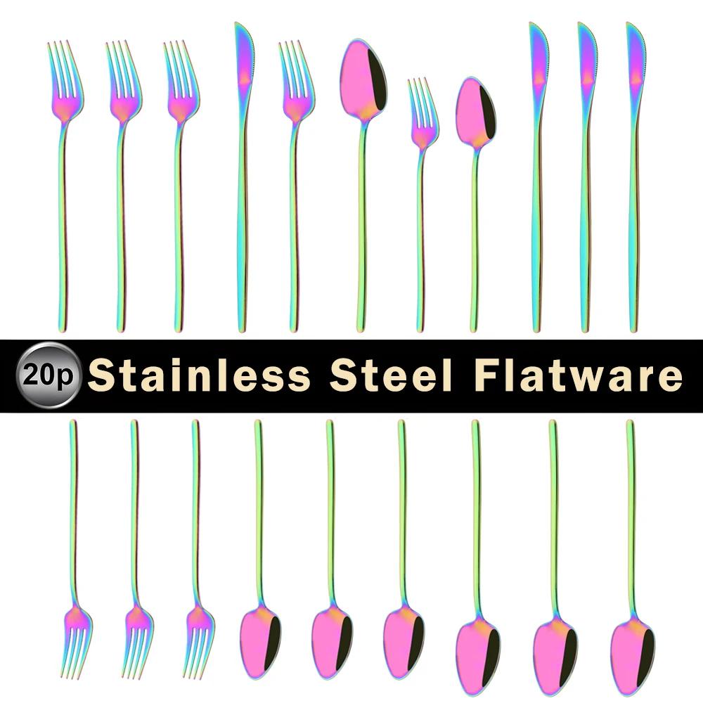 20Pcs Mirror Pink Gold Flatware Cutlery Set Sainless Steel Home Dinnerware Party Fork Spoon Knife Kitchen Dinner Tableware Set