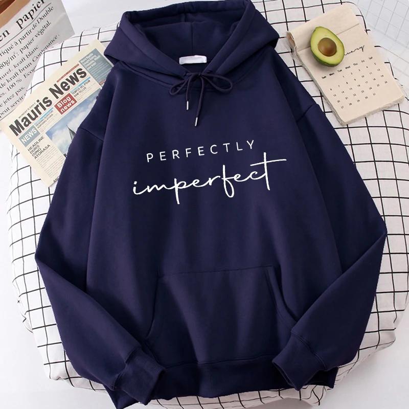 Graphic Print Long Sleeve Kangaroo Pocket Hoodies Women's Casual Y2k Sweatshirts with "Perfectly Imperfect" Lettering Clothes