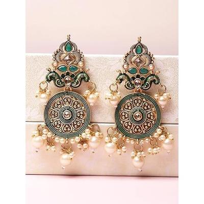 Gold Plated Green Meena Kundan Dangler Earrings for Women