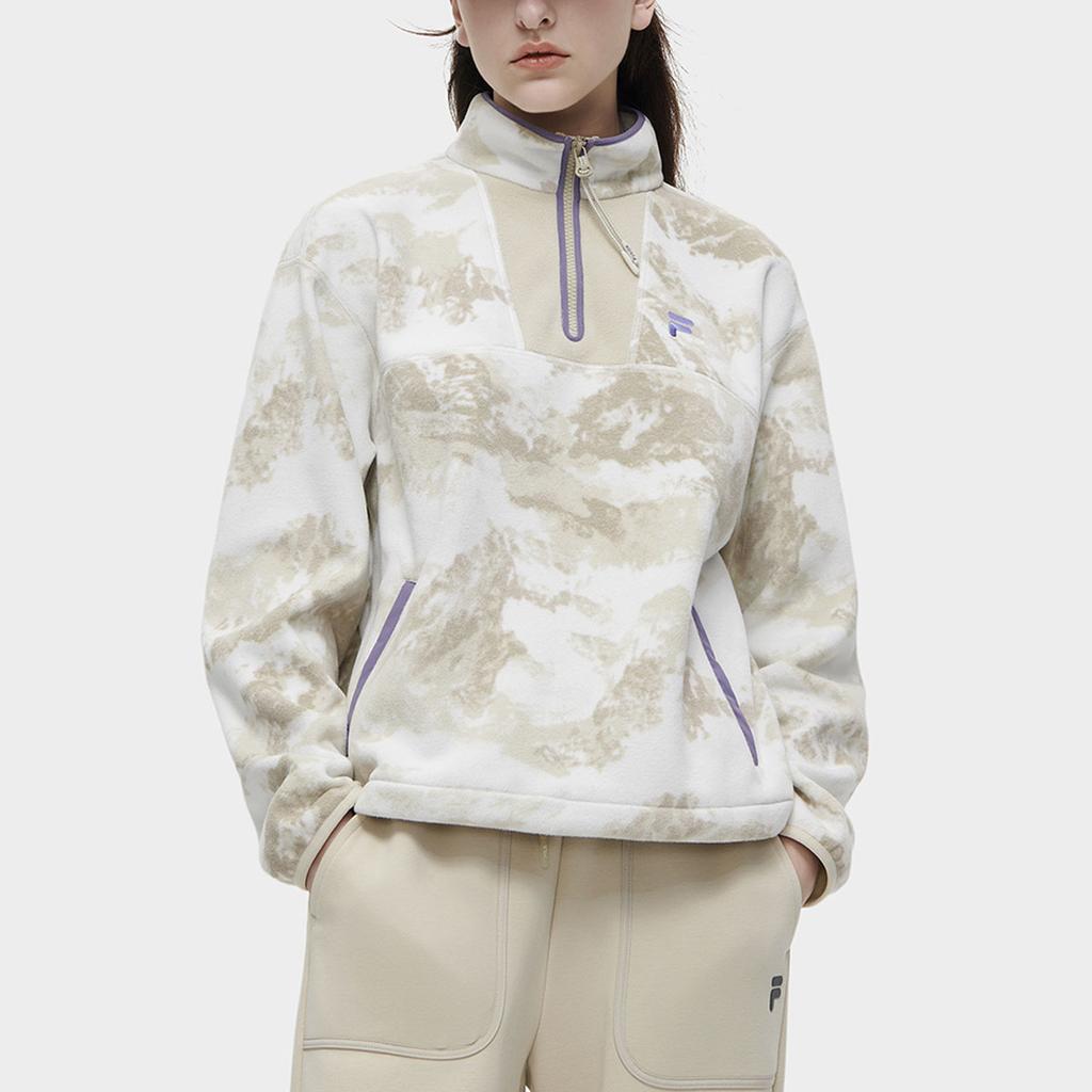 Fila Fusion Full Print Loose Fit Stand Collar Half Zip Pullover Sweatshirt Women sweatshirt Cream T11W341206FLK