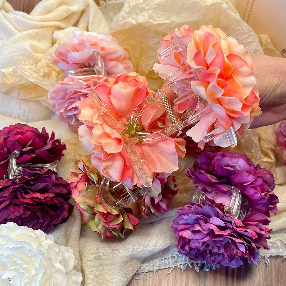 French Elegant Peony Flower Hair Claw Beautiful Simulation Flowers Hair Claw Clip Chic Summer Beach Headpiece for Women Girls