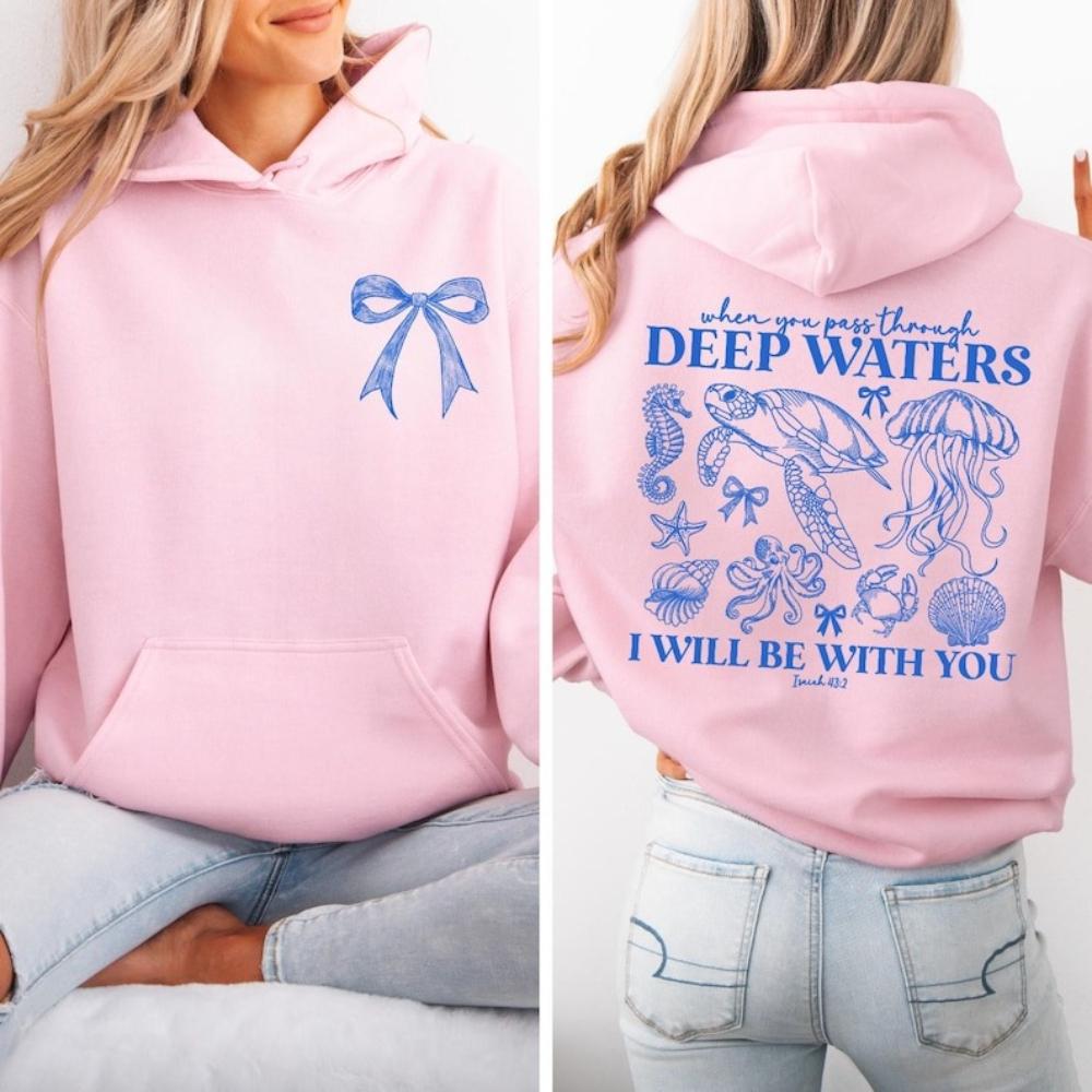 

Deep Waters Christian Hoodie Isaiah 43-2 Bible Verse Sweatshirt Faith Ocean Turtle Jellyfish Graphic Hoodies Tops S