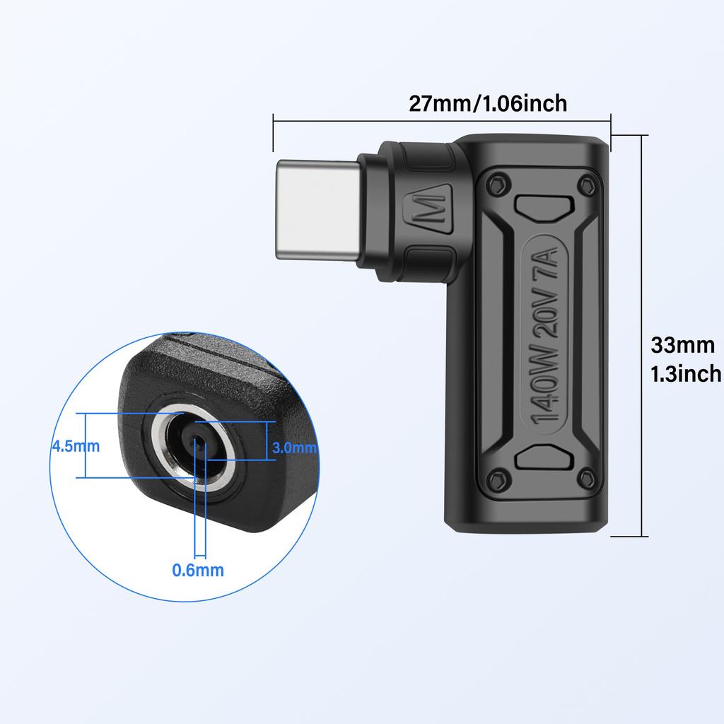 SinLoon PD 140W DC4530 Type-C Charging Adapter DC 4.5mm X 3.0mm Female (4.5 X 0.6mm) Input – USB-C Male Connector, PD Auto (DC4530 Female M)