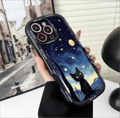 Starry Night Black Cat Pattern Phone Case for Samsung S25 S24 S23 S22 S21 S20 FE Ultra Plus 5G Silicone Cover