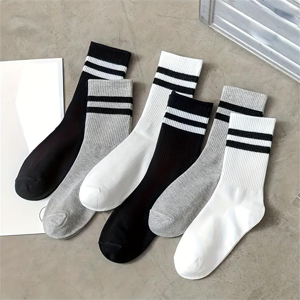 3 Pairs Breathable Sports Socks - Mid-Calf & Ankle Length, Moisture-Wicking, Black-White Stripes, Soft  for Gym, Running, Hiking