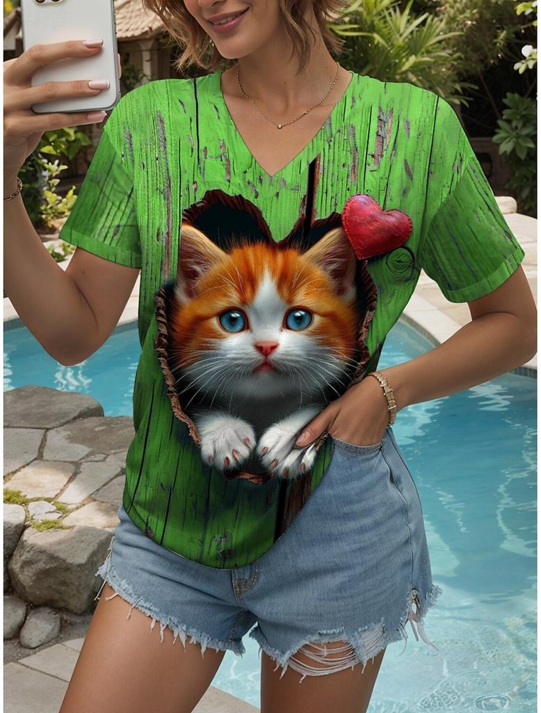 Damen T-Shirt Kawaii Tiergrafik Mode Kurzarm V-Ausschnitt Reguläre Oberteile Täglich bedrucktes T-Shirt Sommer Frühling lässige Oberteile