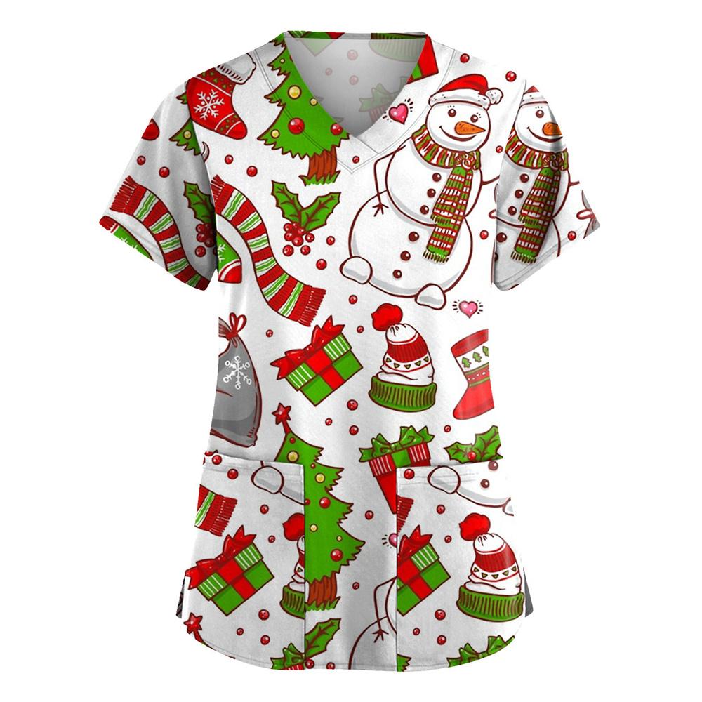 Chirurgische Uniformen Feiertage Weihnachten Drucke Stil Taschendesign Chirurgisches Kostüm Frau V-Ausschnitt Kurzarm Krankenschwester Medizinische Uniform