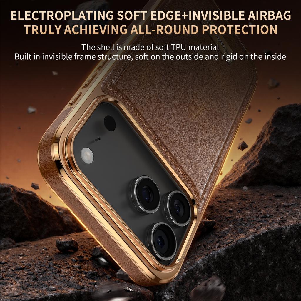 Electroplate Retro Oil Wax Leather Case for iPhone 16 Pro Max 17 Air 15 14 High Transparency Lens Magnetic Charging Phone Cover