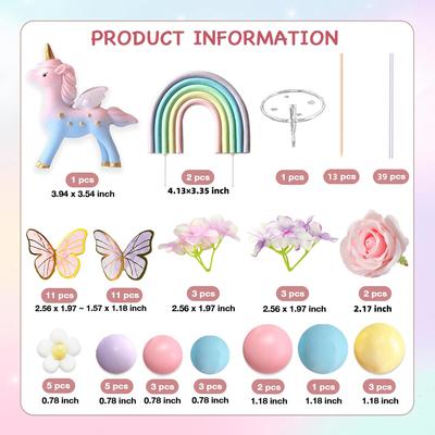 55 Piezas Topper para Tarta de Unicornio Arcoíris Unicornio Flor Decoraciones para Tarta con Bolas Mariposas Toppers para Tarta para Niñas Mujeres Cumpleaños