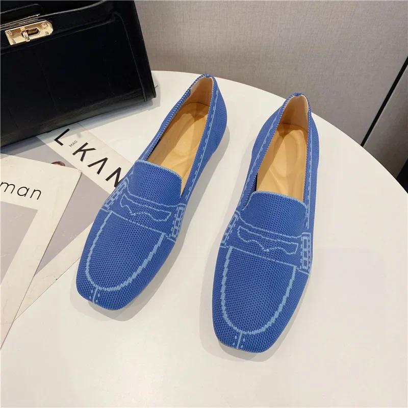 Fashion Autumn Weaving Princess Shoes Fashion Square Toe Casual Ballet Flats Shoes Women's Knitted Flat Bottom Soft Sole Walking Shoes