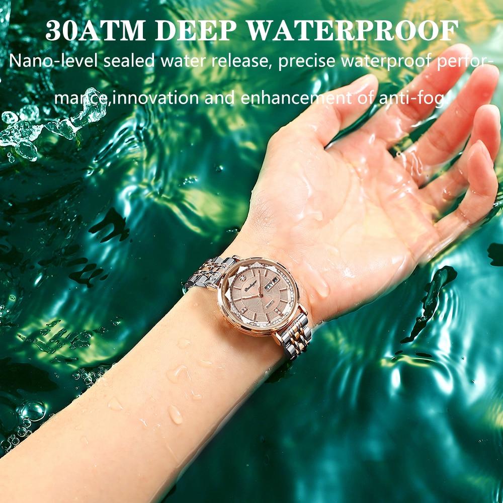 Rose Gold Women's Quartz Watch Fashion Waterproof Diamond Stainless Steel Bracelet Watch Date Week Display Luminous Hands Ladies Clock