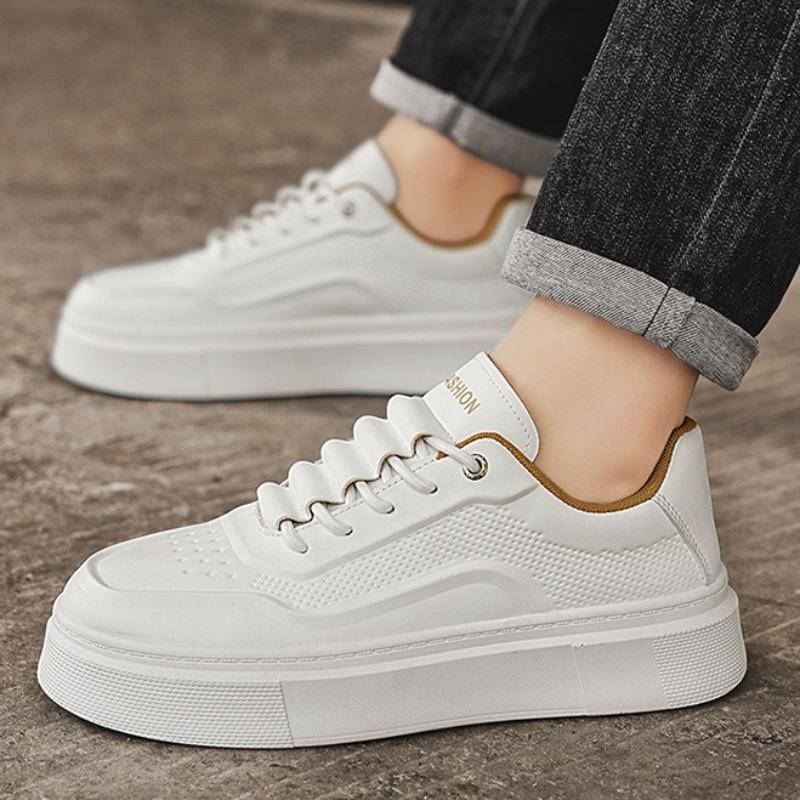Cheap Mens White Leather Casual Shoes Thick Bottom Youth Elevated Board Shoes Fashion Trendy Man Platform Leisure Sneakers Tenis