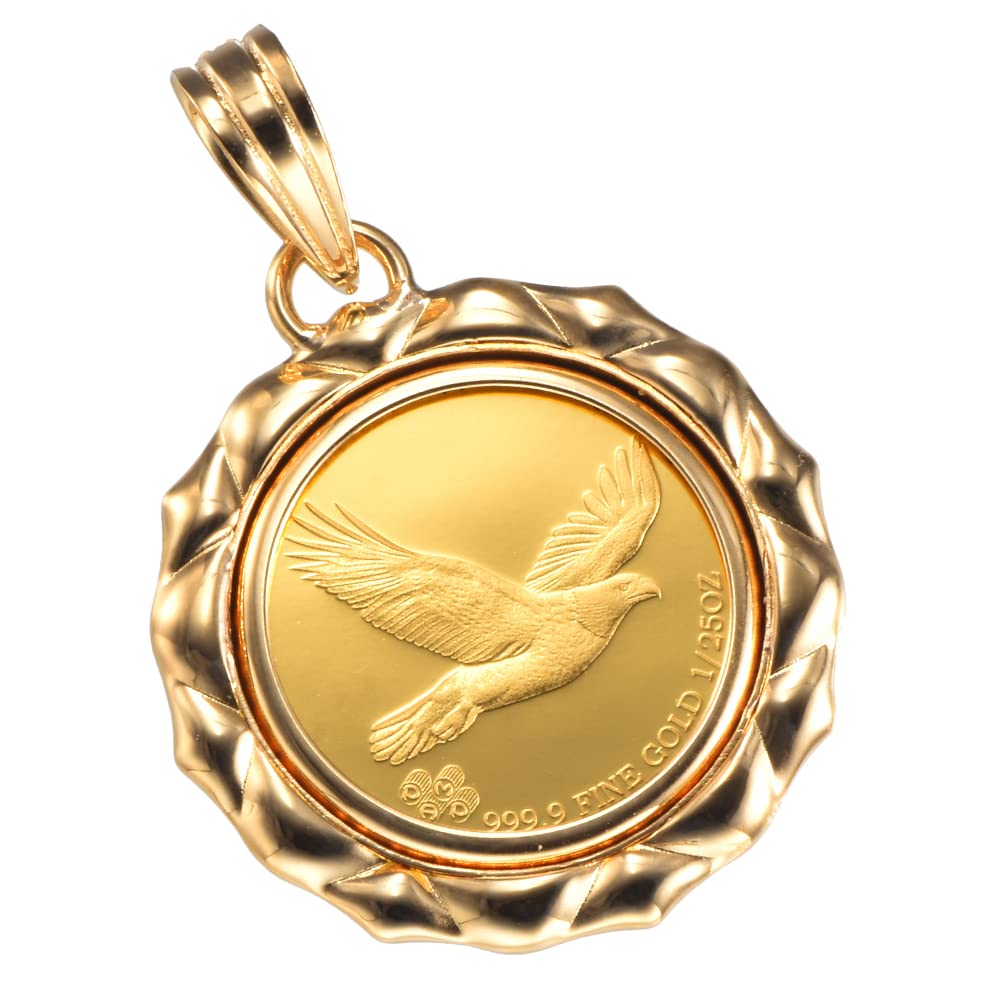 Speranza 24K Pure Gold Coin Indian Design 1 Pendant, Eagle, 1/25oz, Frame, Engraved, Unisex, No.