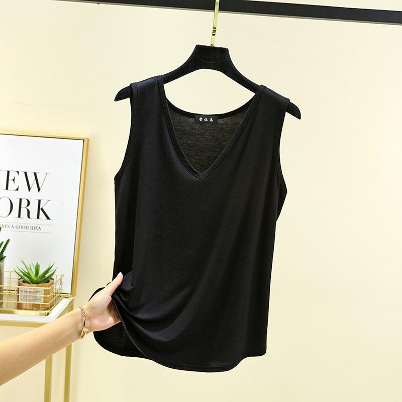 

Modal Women s Tank Tops V-Neck Summer Thin Sleeveless Bottomed Top Loose Tee Tops All Match Vest Comfort Homewear M чорний
