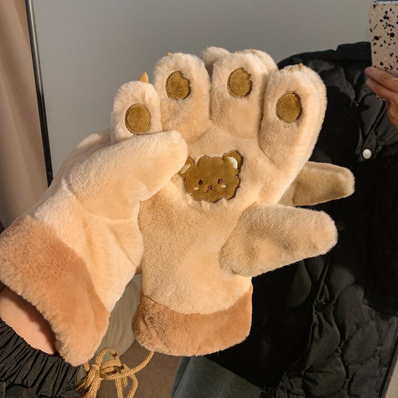 Student Padded Thickened Gloves Cold Winter Cycling Gloves Cartoon Cute Bear Paw Cat Claw Plush Gloves Women's Hanging Neck Large Size Gloves