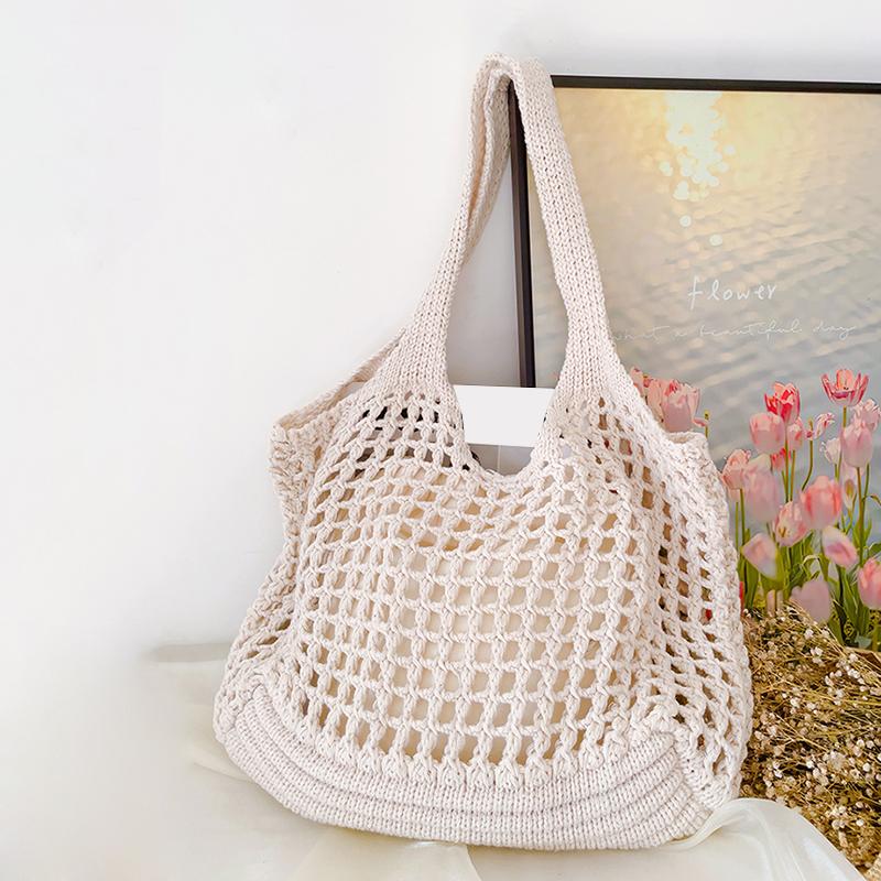 

New Large Capacity Shoulder Composite Bag Weave Beach Vacation Handbags Women Knitted Hollow Out Tote Bags 36x2x32cm бежевий