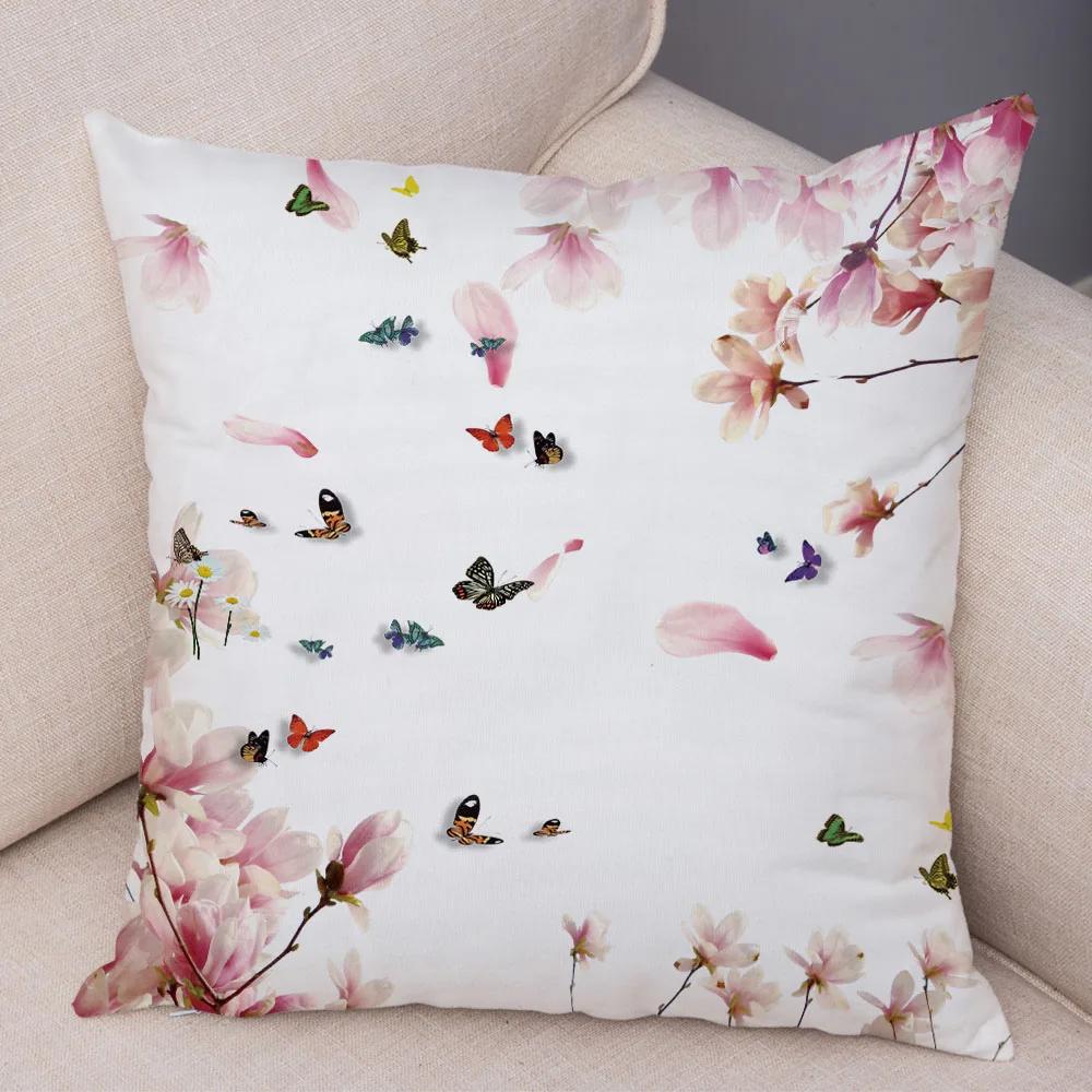 Pink Peach Blossom Cushion Cover Decor Watercolor Cartoon Plant Tree Pillow Case for Sofa Home Car Soft Plush Pillowcase 45x45cm