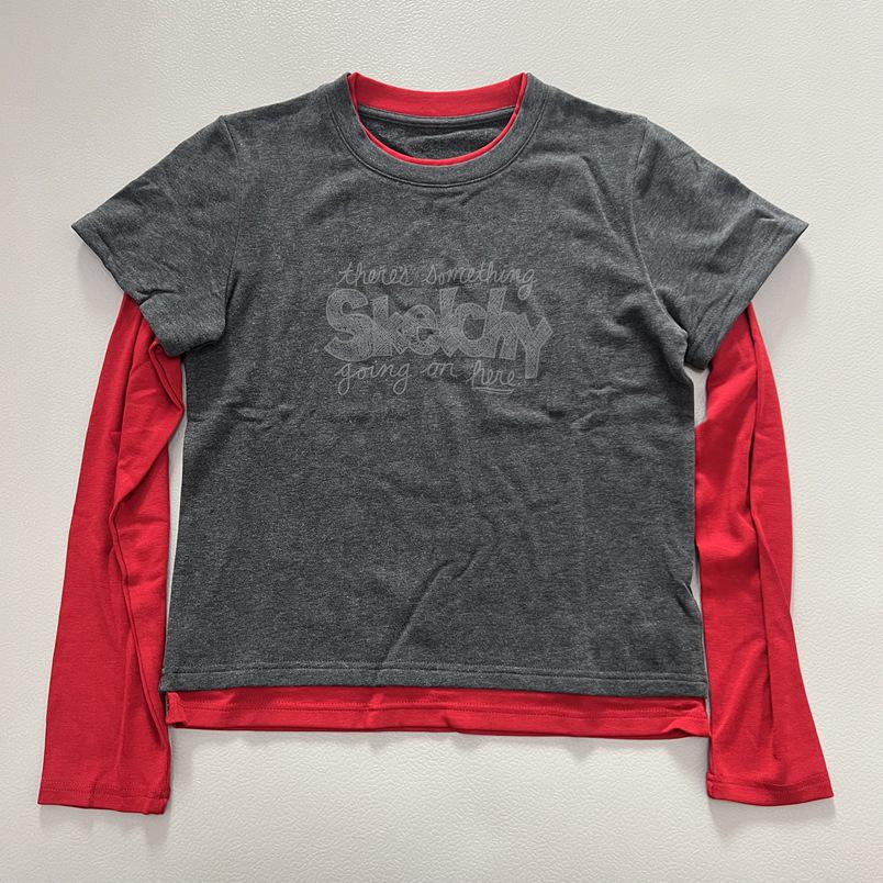 

Design-Conscious Color-Block Patchwork Two-Piece Look Long-Sleeve Spring T-Shirt with Letter Print for Women Medium серый