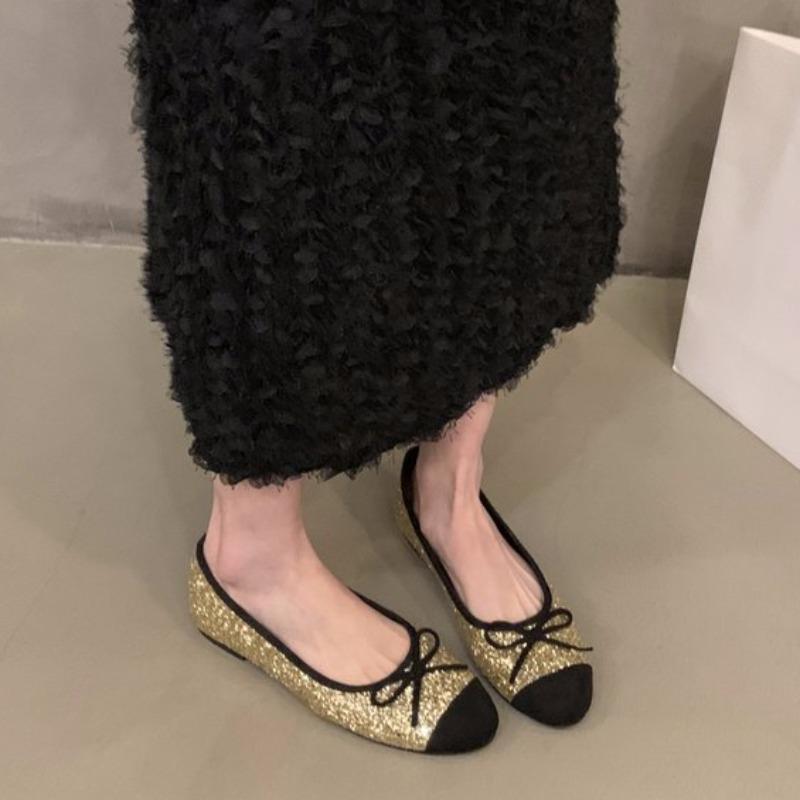 Women's Single Shoes Spring New Round Head Light Mouth Color Sequin Fabric Butterfly Knot Soft Sole Non-slip Flat Shoes
