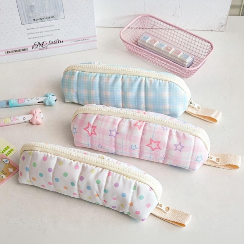 Soft Padded Pencil Case Star Plaid Print Large Capacity Multifunctional Stationery Holder for School Home Office Use